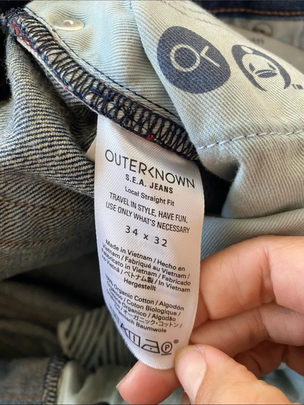 Outerknown mens SEA Jeans straight denim 34 x 32 blue button fly organic cotton